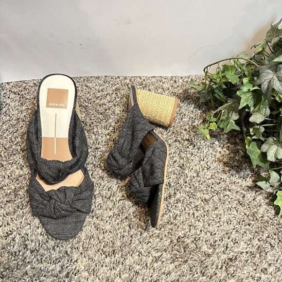 Dolce Vita Jene Double Strap Heeled Sandal Knotted Fabric Gray Slip On 7.5 New - Picture 4 of 8